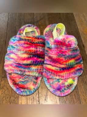 UGG Multicolor Neon Tie-Dye Fuzzy Slide Slippers